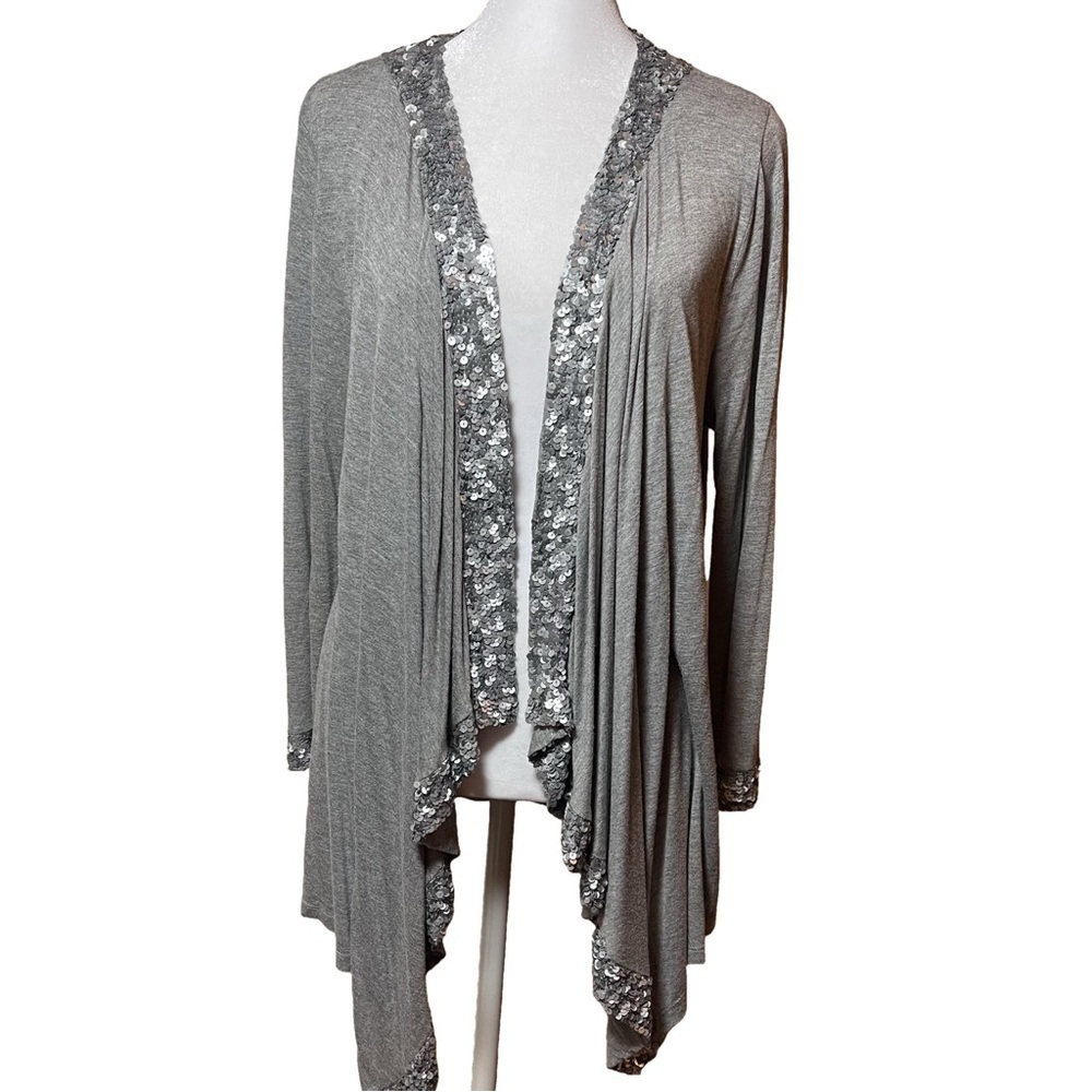 525 America Gray Sequins Trim Open Front Waterfalll Cardigan Duster Jacket L/XL
